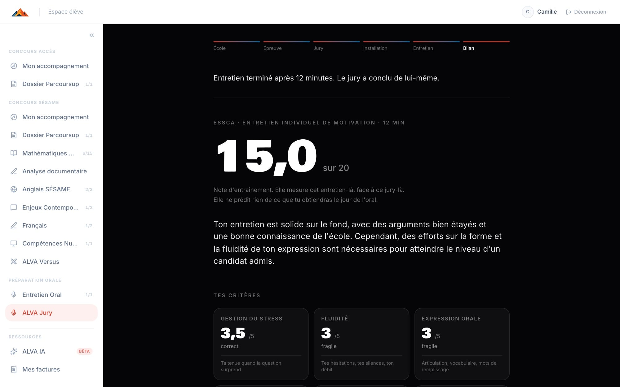Le bilan d'un entretien ALVA Jury : la note sur 20, le verdict du jury et les critères
