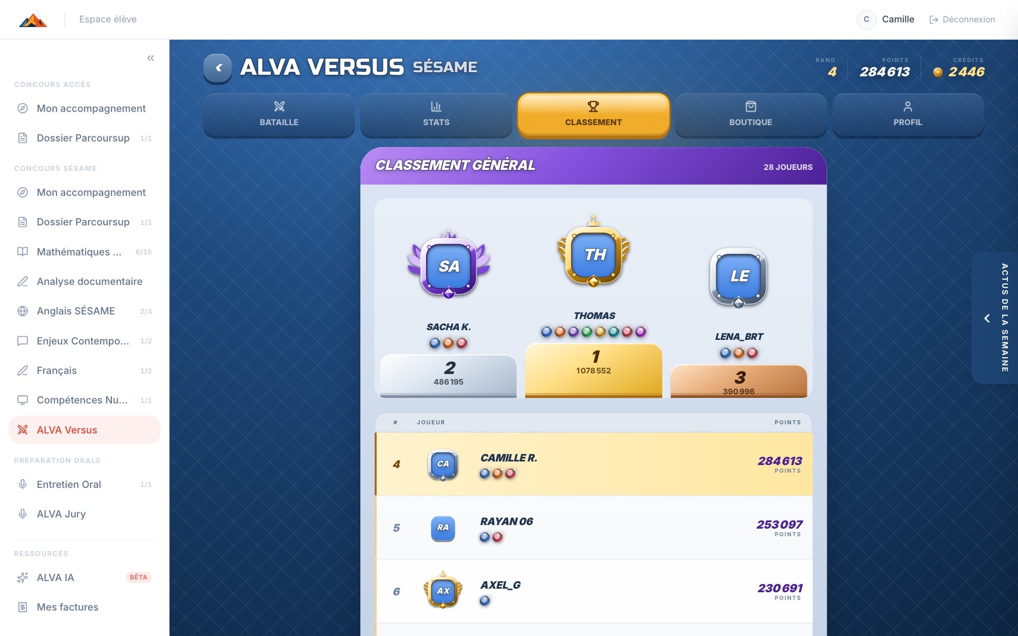 ALVA VERSUS : le classement général, le podium et le rang de l'élève